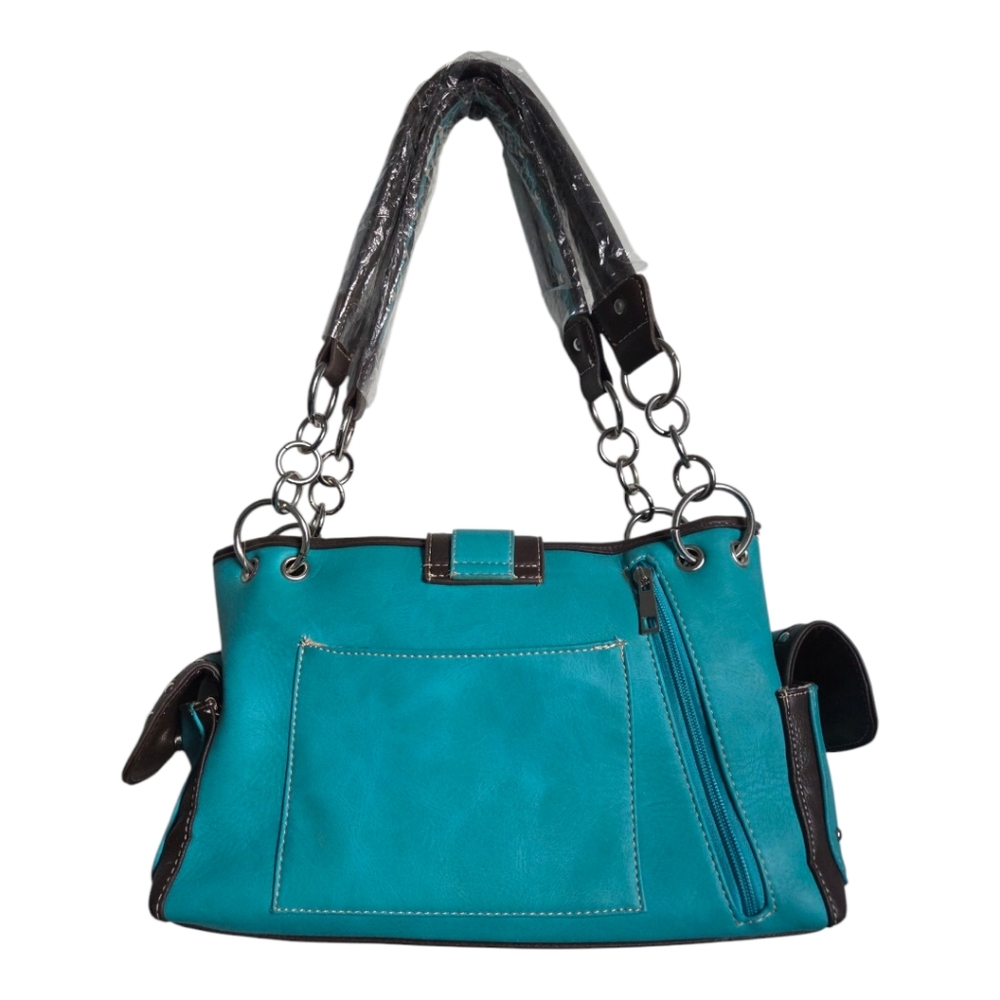 Western Rhinestone Turquoise Brown Conceal Carry Buckle Floral Women's Handbag - Picture 4 of 16